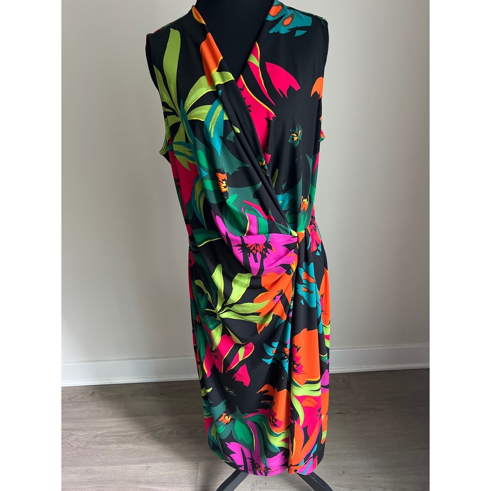 Joseph Ribkoff Tropical Floral VNeck Draped Midi Dress Black Neon Pink Orange 14